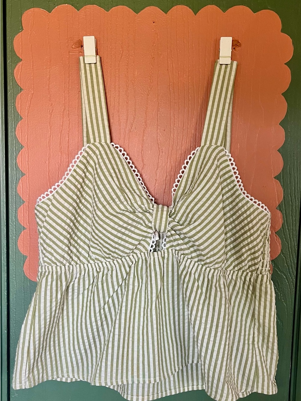 Monteau L.A. Striped Green & White Keyhole Tank Top